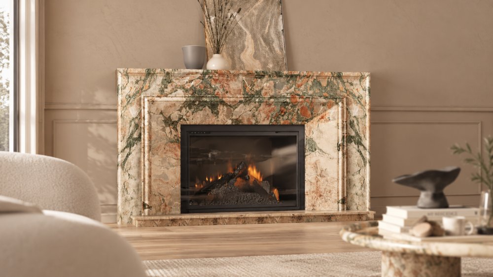 Marble fireplace surround in a living room