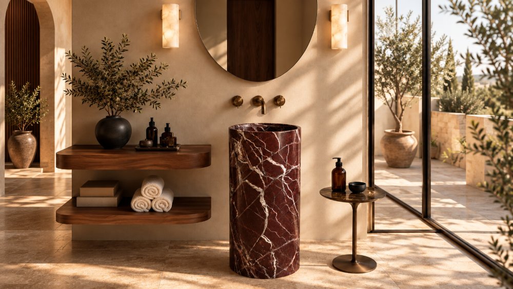 Burgundy marble pedestal basin